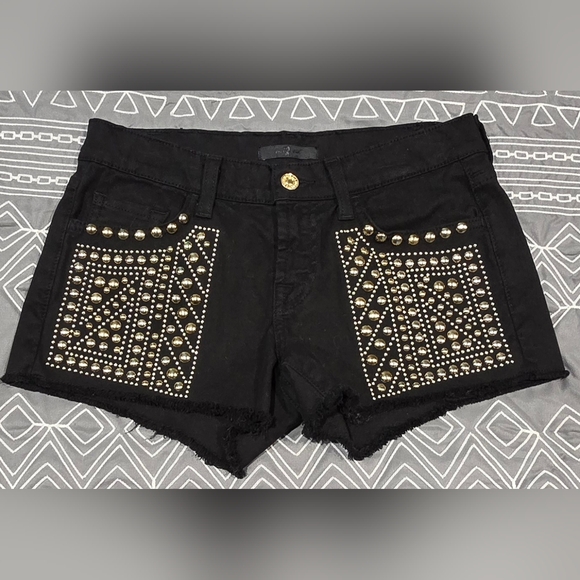 7 For All Mankind Pants - 7 For All Mankind Black And Gold Raw Hem Denim Shorts Size 25